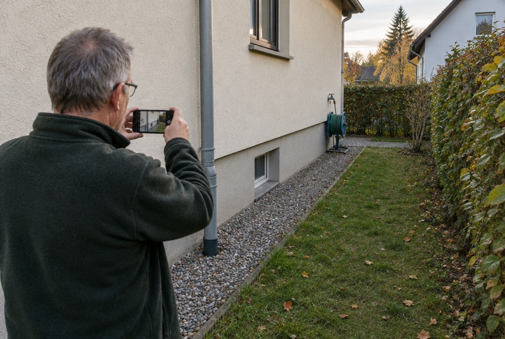 Ein Mann fotografiert neben seinem Haus den Platz, an dem das Außengerät stehen könnte.
