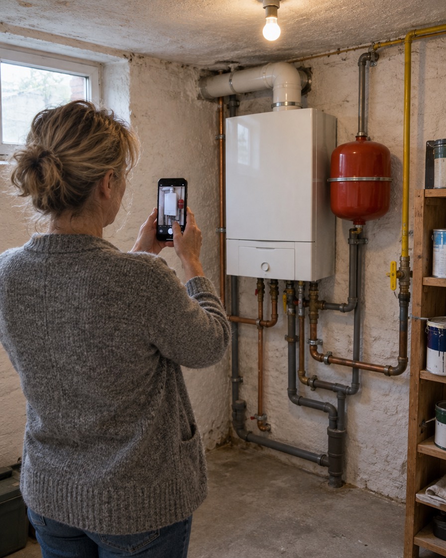 Eine Frau fotografiert im Keller ihren alten Gaskessel mit dem Handy.